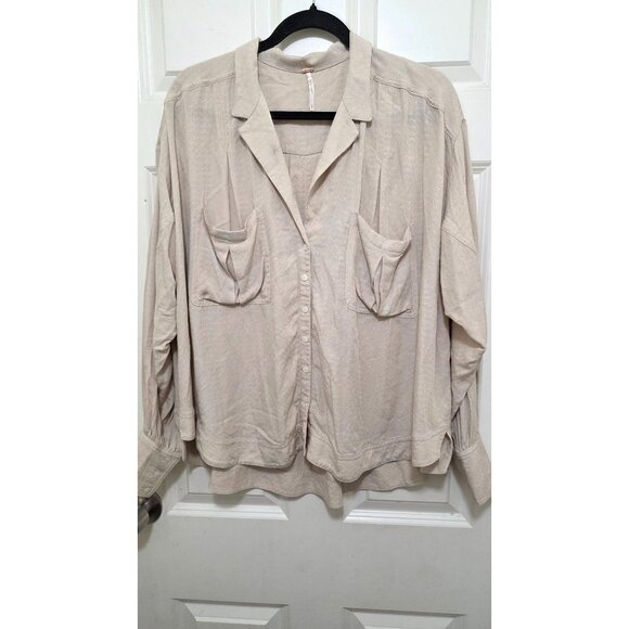 Free People Women's Oversized Beige Button-Up Shirt Pattern Folded Long Sleeves - Picture 2 of 8